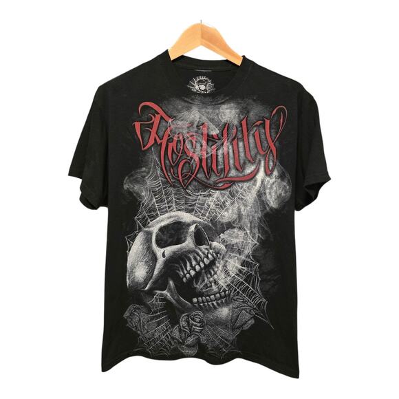 Hostility Mens Graphic Tshirt Black Size Large Skull Cobwebs Roses Punk Grunge - Picture 1 of 7